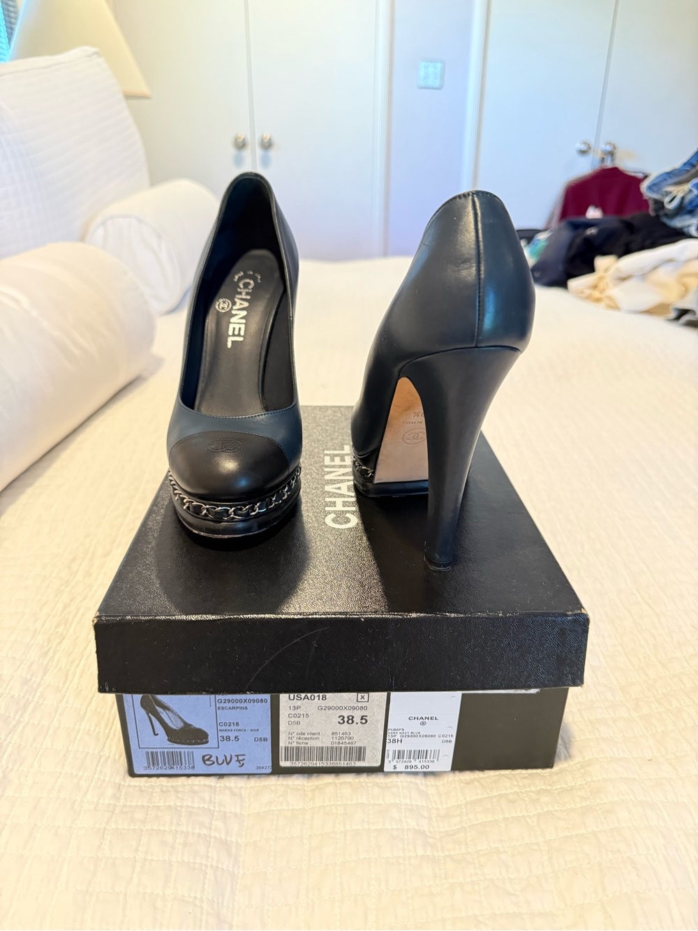 CHANEL Black Leather Platform Pumps with Chain Accent